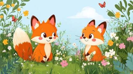 Fototapeta premium Charming Illustrations of Two Playful Foxes Surrounded by Colorful Wildflowers and Butterflies in a Sunny Meadow