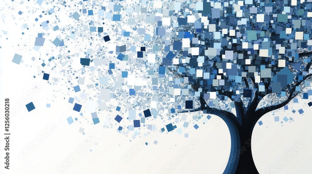 Aufkleber blue - toned tree composed of numerous square shapes with pieces seemingly floating away, representi