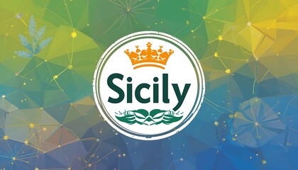 Sicily Island Logo Design with Crown and Wheat, Abstract Green Yellow Blue Polygonal Background