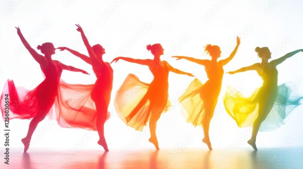 Poster dynamic dancers create vibrant silhouettes with motion blur on a clean white backdrop showcasing exp