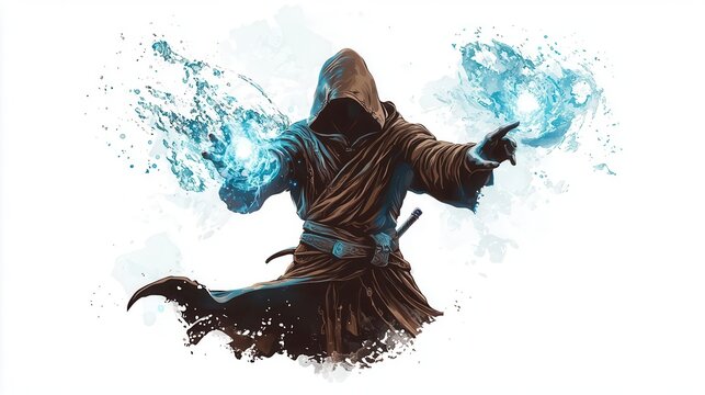 a warrior mage casting dual spells, fantasy battle element, dramatic pose, 2D highdetail, isolated on white background