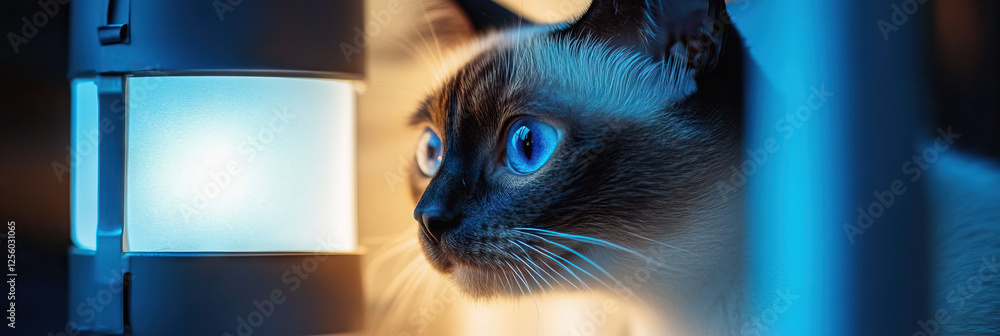 Poster siamese cat and illuminated rectangular light source
