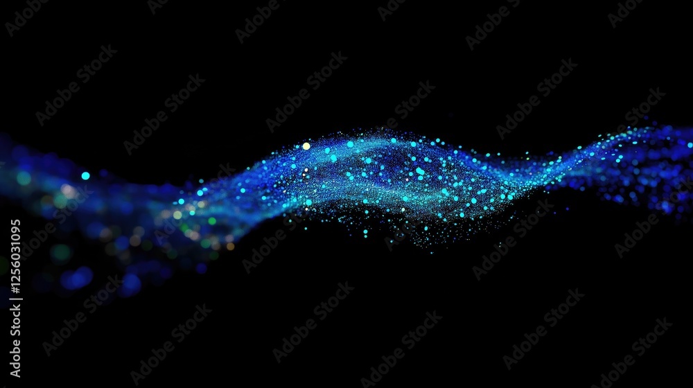 Poster blue, glittering particle wave on a black background, representing digital art, movement and visual 