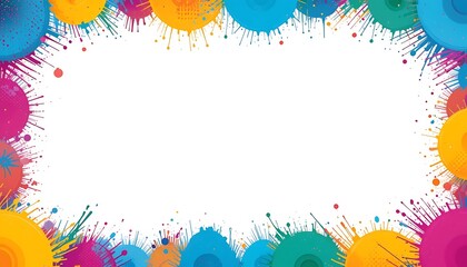 Colorful paint splatters border design, vibrant color explosion frame, bright rainbow ink blotches background for text or images