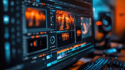Obraz premium Dynamic video editing workspace with vibrant visuals and high-tech equipment