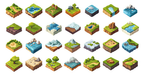 Isometric terrain. Game landscapes mountain forest road lake river rock snow, game land tile set vector illustration