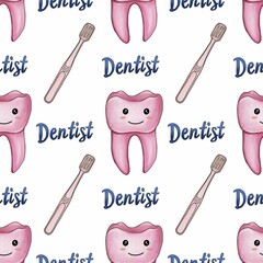 Seamless Pattern Pink Kawaii Tooth and Toothbrush with Text Dentist Small Design on White Background