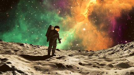 Obraz premium Astronaut stands on a moon like surface looking at nebula