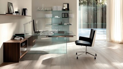 Stylish home office with a glass desk, ergonomic chair, and modern shelving units to keep the space organized