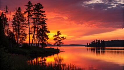 Fototapeta premium Fiery Sunset Lake Silhouette Landscape Photography, Orange Sky, Pine Trees, Water Reflection, Nature Sunset Photography, Landscape Photography