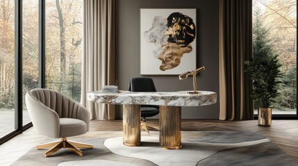Stylish home office with a marble desk, gold accents, and a comfortable chair positioned by large windows for natural light