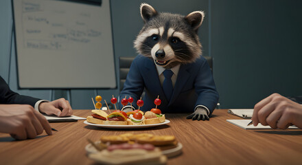 Raccoon Businessman at Meeting with Appetizers Offers a Light Break