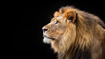 Fototapeta premium Majestic Lion Profile Black Background, Side View Composition, Wildlife Portrait, Animal Photography Lion, Wildlife photography