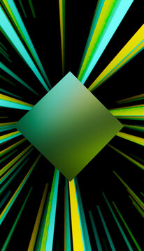 Vibrant cube surrounded by radiating green and yellow beams