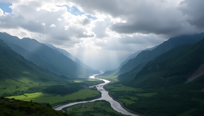 Majestic Mountain Valley Landscape with Serpentine River and Bridge under Dramatic Cloudy Sky