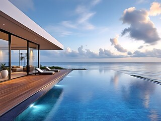 Fototapeta premium Modern beachfront home with infinity pool and wooden deck