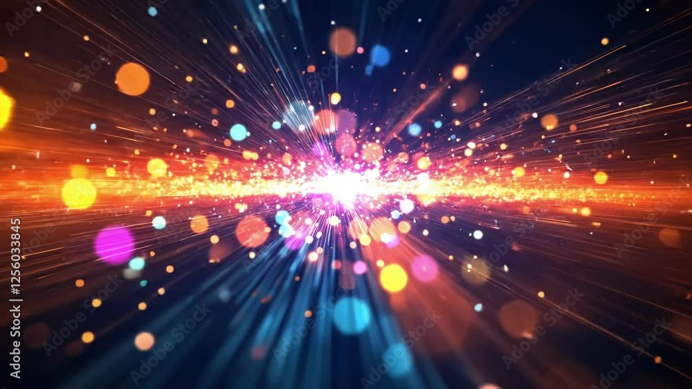 Poster light streaks and particles radiate outwards from a central bright point, creating a dynamic and col