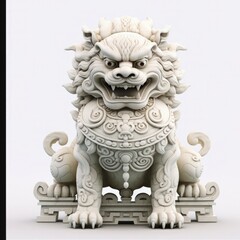 Guardian Lion Statue: Majestic Chinese Foo Dog Sculpture in Isolated White Stone, Symbol of Ancient Art and Animal Protection