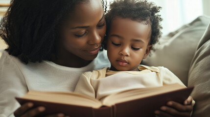 Obraz premium Family bonding on a sofa, book in hand, child listening intently, warmth and love radiating.