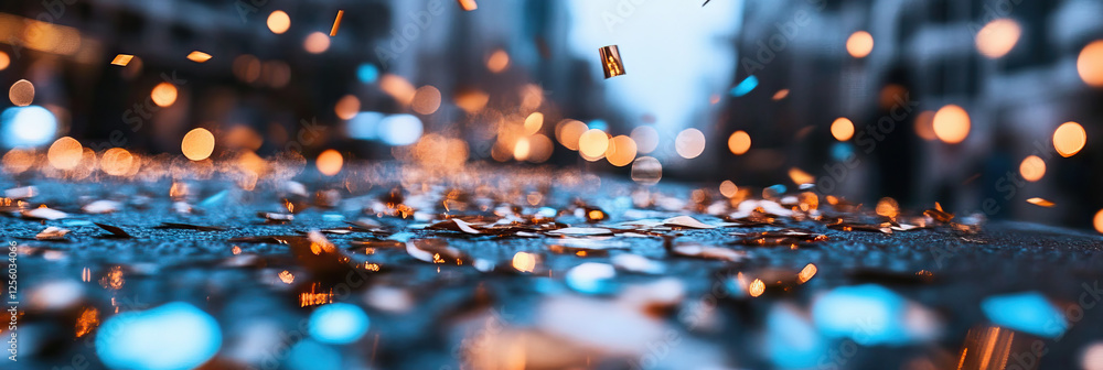 Poster metallic confetti on dark surface with bokeh lights