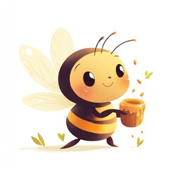 Cute bee holding honey pot, whimsical illustration, sweet nature background, for kids