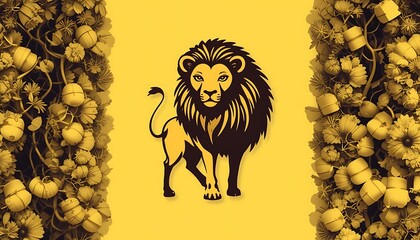 Majestic Golden Lion Silhouette Framed by Luxurious Yellow Floral Vines: A Strikingly Elegant Design