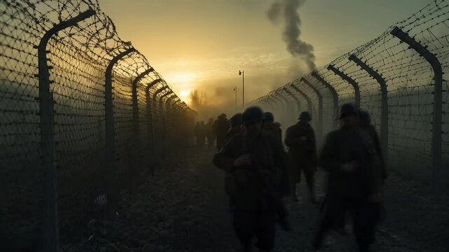 World War 2 Scene A Refugee fleeing from a war zone, smooth repeating motion for background video animation