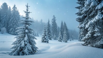 Fototapeta premium Snowy Forest Landscape Winter Wonderland, Pine Trees, Snowfall Winter scene, snowy landscape