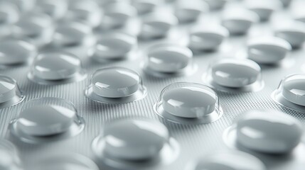 A close-up of pills in a blister pack, showcasing their texture and packaging details against a clean, white background.