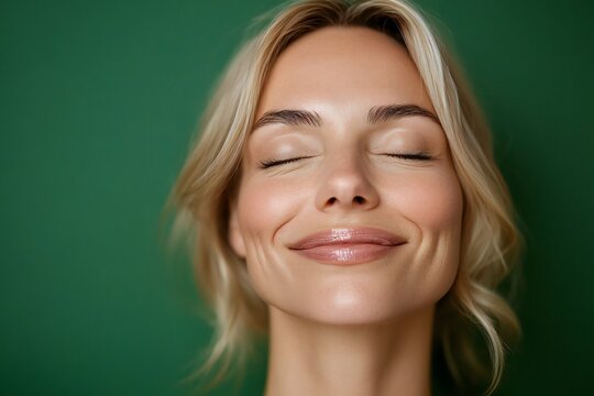 Smile, eyes closed and skincare of mature woman in studio for glow, results or beauty on green background. Face, happy and model in natural cosmetics for dermatology, anti aging and aesthetic at spa