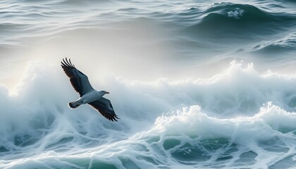 Seagull in Flight Over Turbulent Waters