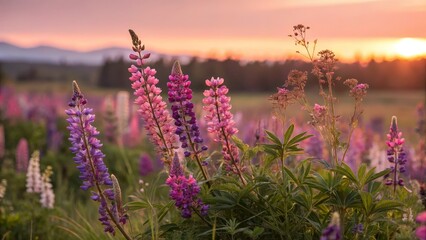 Fototapeta premium Sunset Lupine Field Close-up Composition, Vibrant Pink and Purple Flowers, Golden Hour Landscape Photography, Nature, Floral Lupine, Sunset