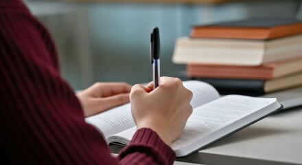 Person studying at desk with books and notepad