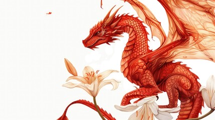 St. David's day banner with copy space. Welsh red dragon spreads its powerful wings, gracefully poised near delicate white lilies flowers. Majestic presence in a harmonious setting
