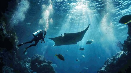 Diver observing manta ray in sunlit ocean reef