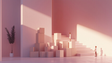 Happy family surrounded by moving boxes, looking around their new home, soft cold hues.