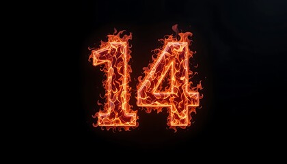 Fiery Number Fourteen: A High-Resolution Image of the Number 14 Engulfed in Realistic Flames on a Black Background
