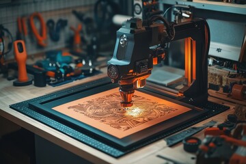 Laser engraving machine intricately crafting a detailed design in a vibrant workshop filled with tools and creativity