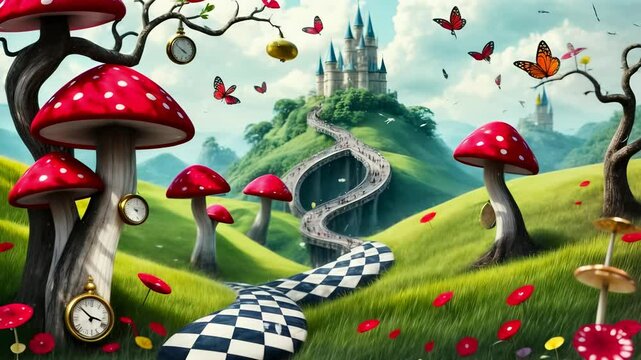 Alice in Wonderland 4K Seamless Loop Video: Fantasy Landscape with Mushrooms, Castle, Butterflies, and a Checkered Path. Magical Animation Footage, Motion Graphics Background.