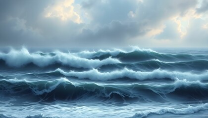 Fototapeta premium Ocean Waves Under a Cloudy Sky: Serene Beauty of the Sea