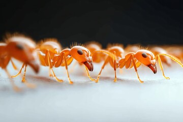 Fototapeta premium Fire ants marching in a row on white surface