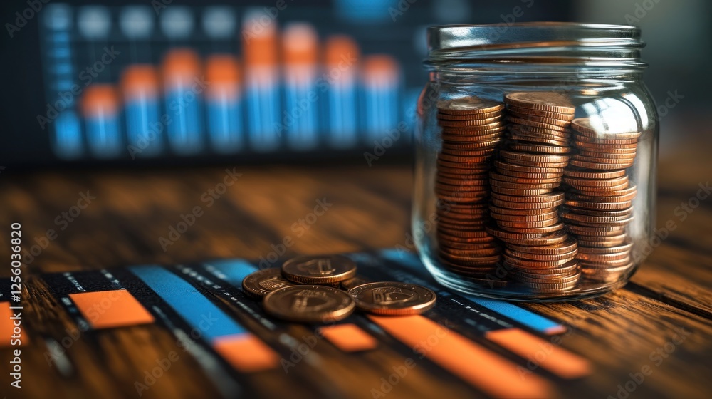 Poster saving coins in jar, financial charts background