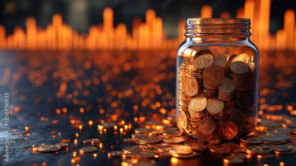 Poster saving coins in a jar; financial growth; cityscape background; abstract bokeh effect