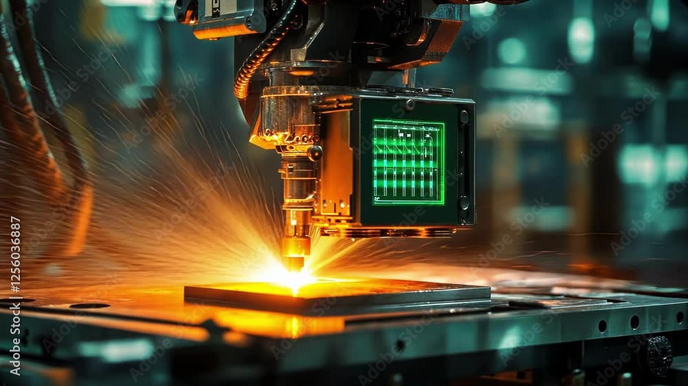 Poster automated robotic arm emitting bright sparks while using laser for precise manufacturing process on 