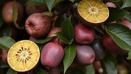 Close-up of exotic fruits on a tree branch, showcasing unique textures and colors of halved citrus and reddish-purple berries