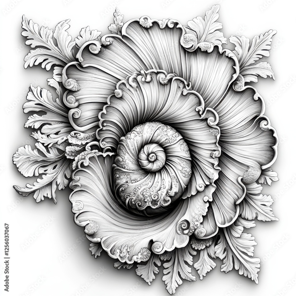 Poster elegant monochrome floral design featuring intricate shell and leaf patterns in detail