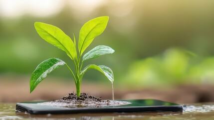 A mobile phone with plant growing inside, the intersection of nature and technology
