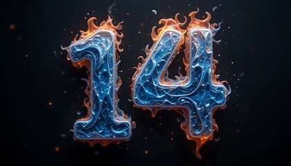 Fiery Blue and Orange Number 14 with Intricate Design, Abstract 3D Render, Burning Ice Concept, Fantasy Number Art