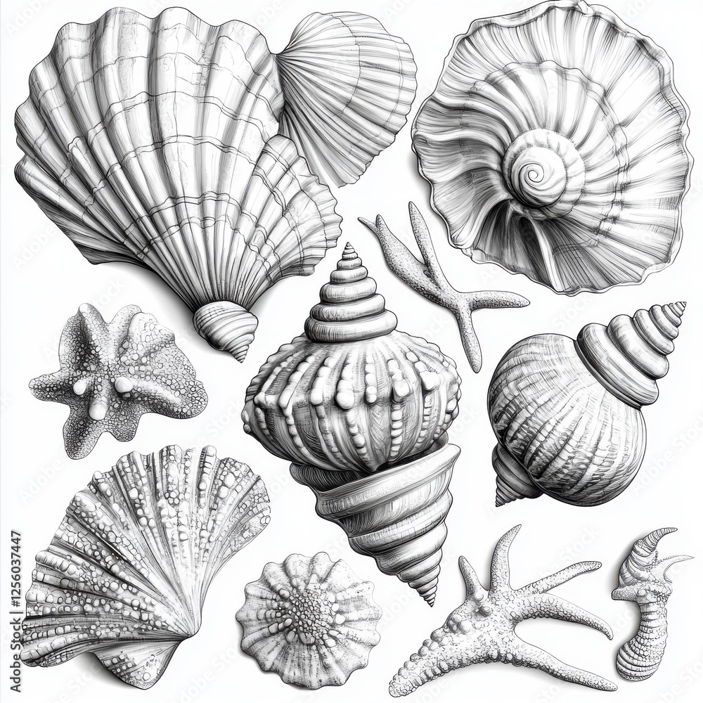 Poster detailed collection of various shells and sea creatures showcasing natural textures and intricate pa