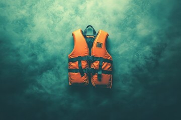 Bright orange life vest suspended against a tranquil blue backdrop evokes safety and adventure on open water